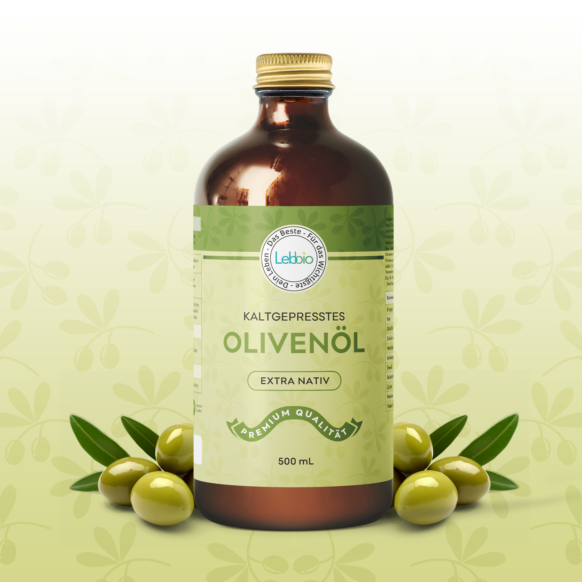 Olivenöl 500ml Flasche und Farben Visual