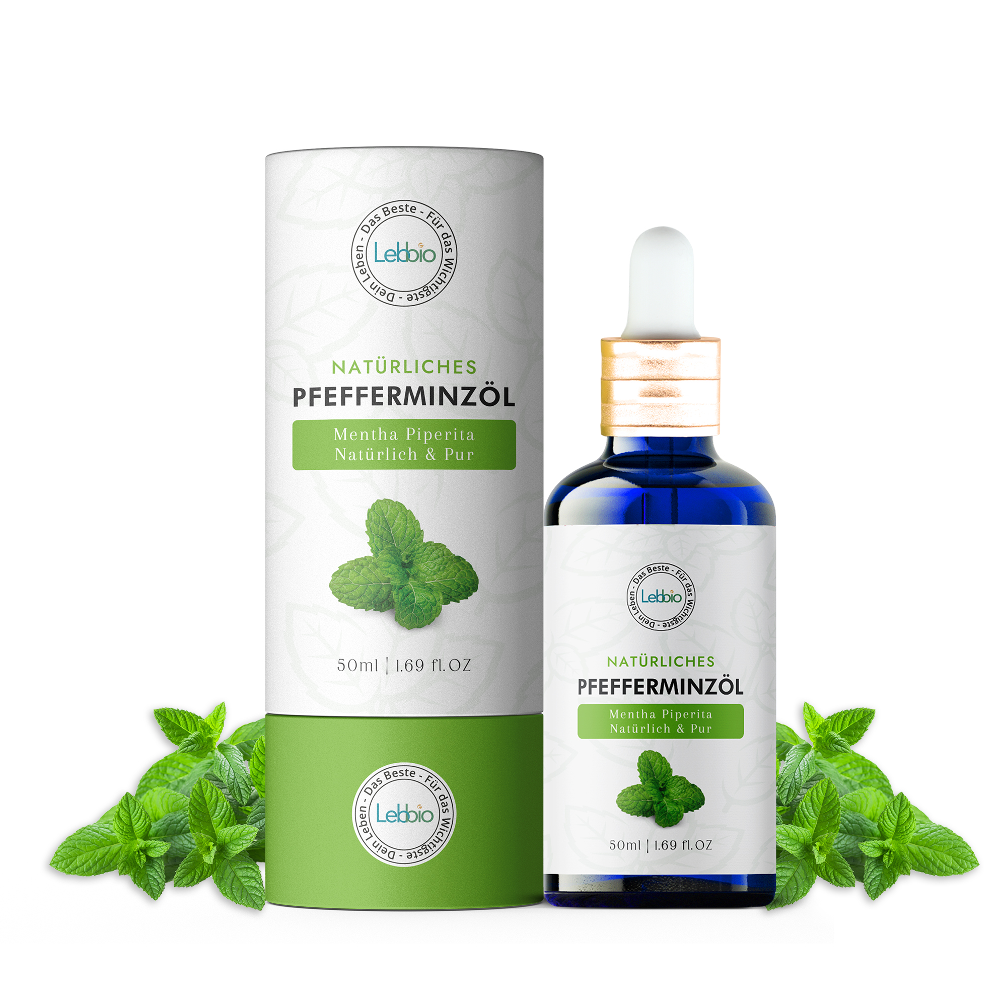 Lebbio Pfefferminzöl 50ml Flasche und Verpackung