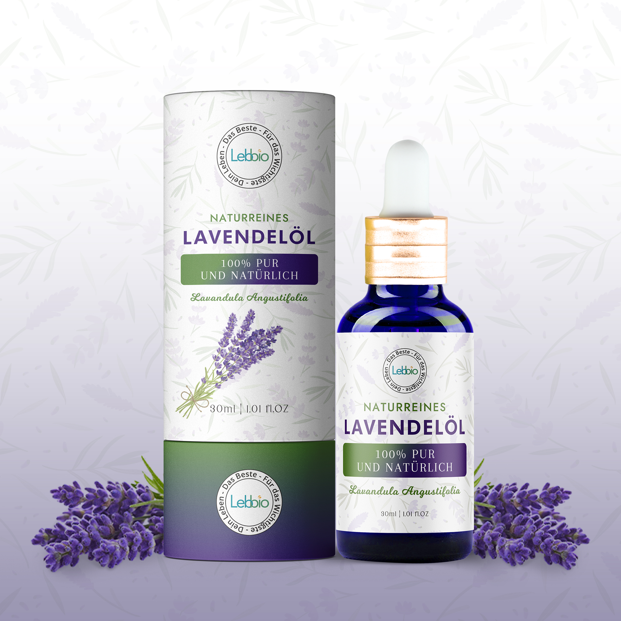 Lebbio Lavendelöl 30ml Flasche und Verpackung + Visual