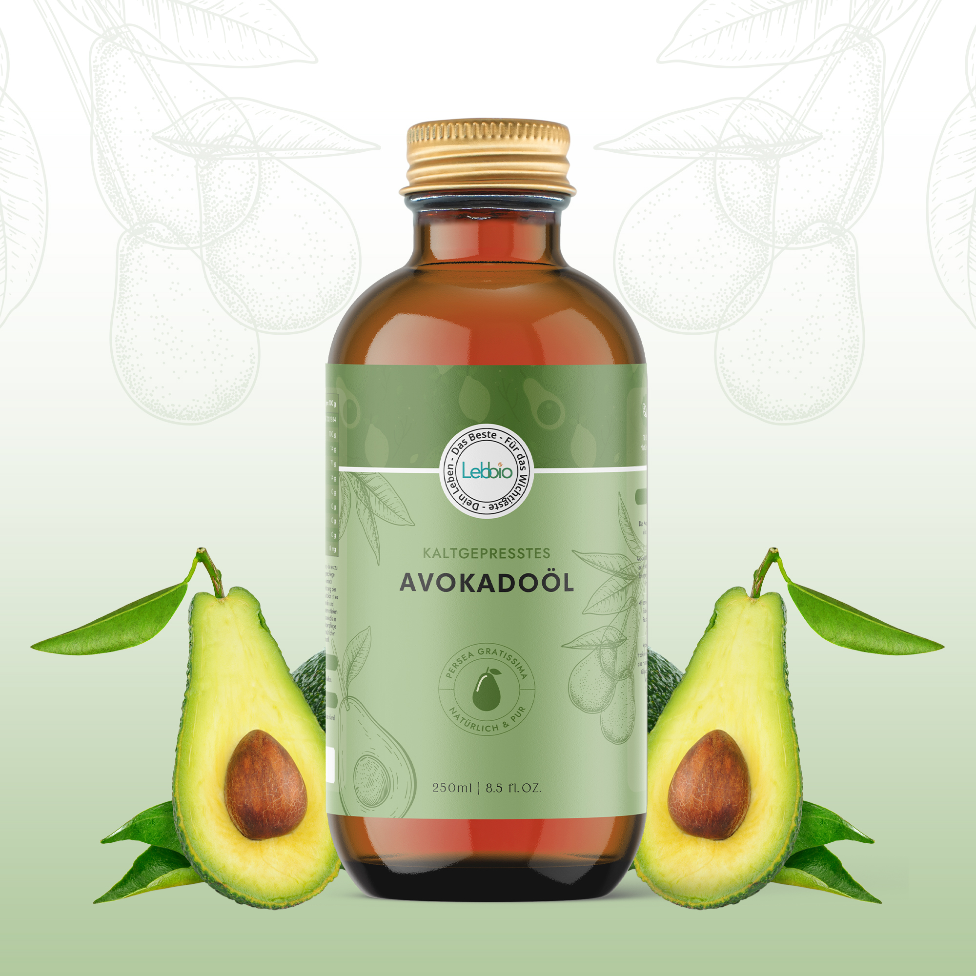 Avocado Öl Flasche und Visuals